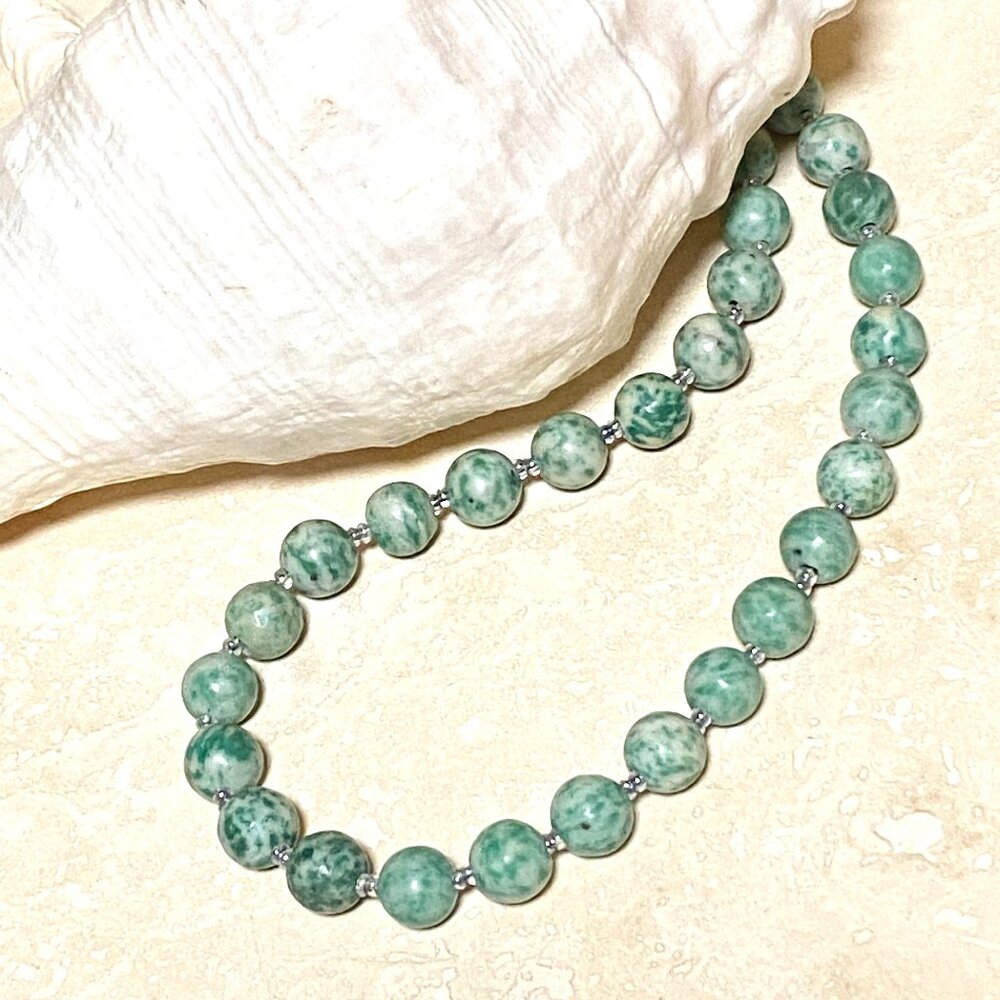 Green White Dyed Agate Necklace, Large Matte Gemstone Beaded Necklace